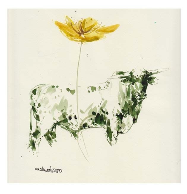 نقاشی مجموعه گاوها اثر جلالالدین مشمولی - 25 × 25 cm، 2015 | COW Series (Gavha) No. 5, Ink on Paper, 25 × 25 cm, 2015 — Jalaleddin Mashmooli Contemporary Iranian Painting